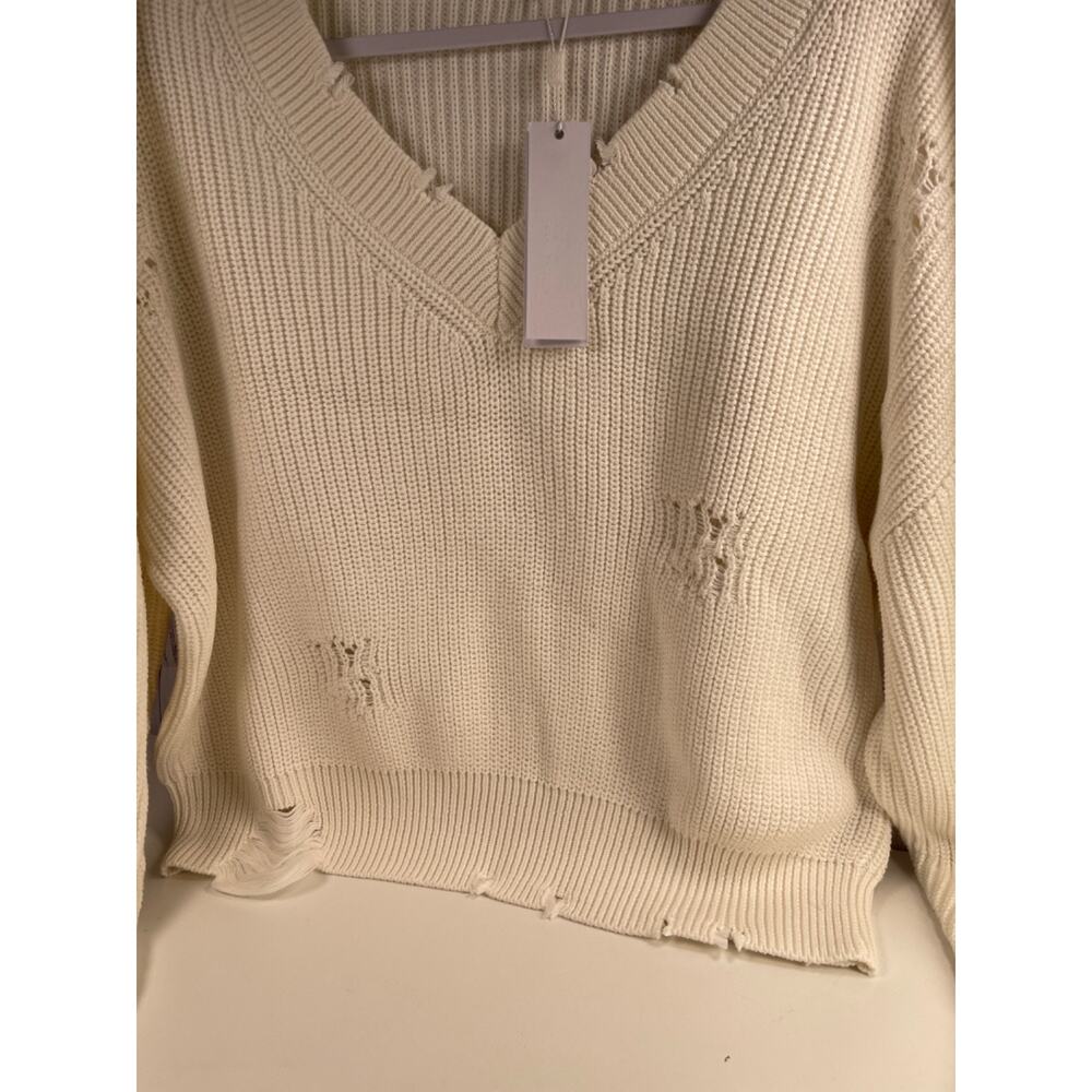 NWT Womens 525 America Chalk Off-White Cropped Distressed‎ Sweater L
